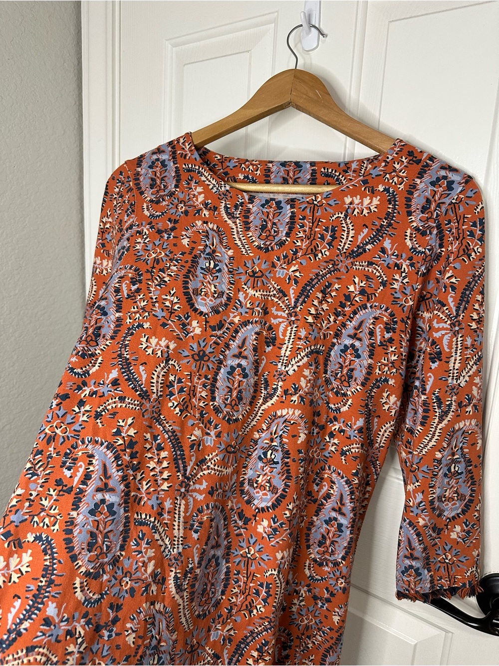 Spartina 449 Orange Blue Island Fringe Paisley Print 3/4 Sleeve Mini Dress Sz M - Picture 3 of 9